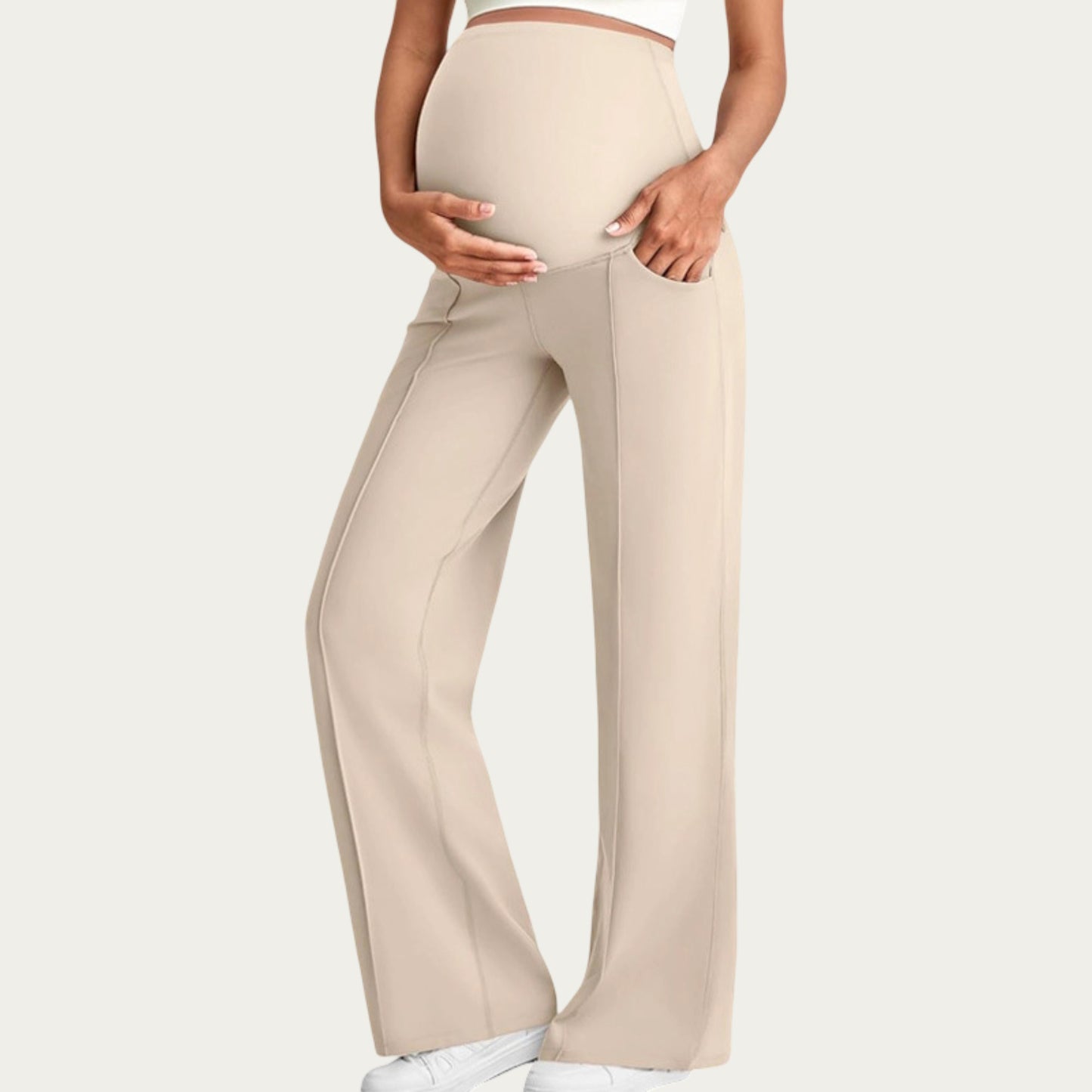 Soft Stretch Maternity Pants with Full Belly Panel and Front Seam Detailing for Smooth Support and Flattering Wide Leg Fit