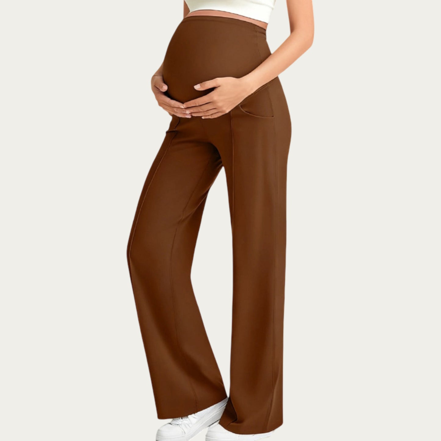 Soft Stretch Maternity Pants with Full Belly Panel and Front Seam Detailing for Smooth Support and Flattering Wide Leg Fit