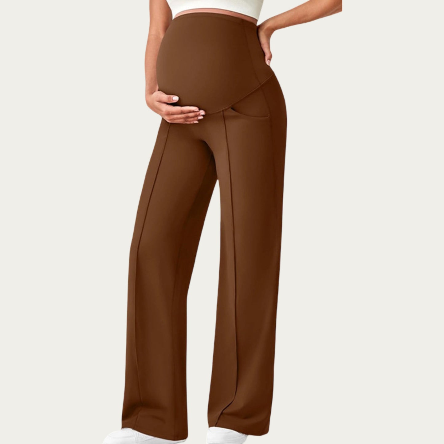 Soft Stretch Maternity Pants with Full Belly Panel and Front Seam Detailing for Smooth Support and Flattering Wide Leg Fit