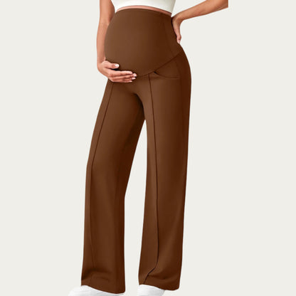 Soft Stretch Maternity Pants with Full Belly Panel and Front Seam Detailing for Smooth Support and Flattering Wide Leg Fit