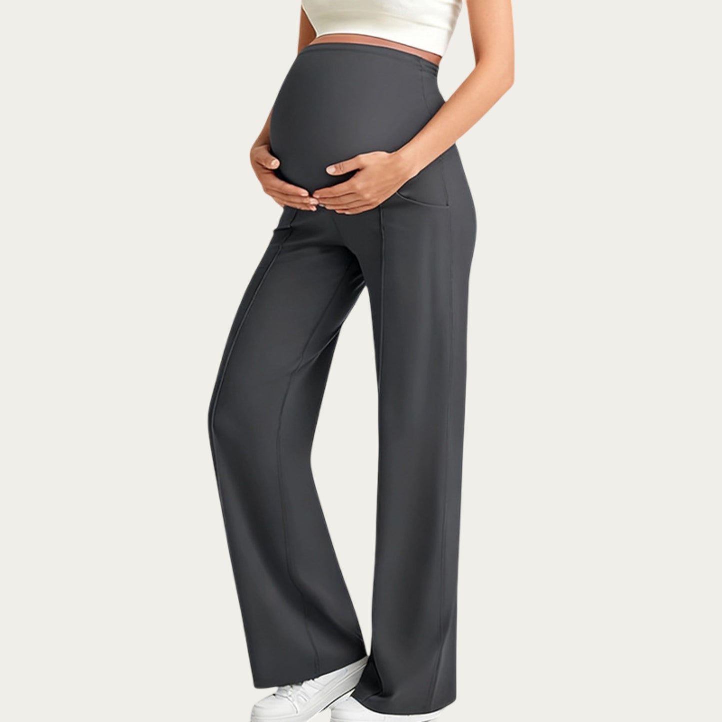 Soft Stretch Maternity Pants with Full Belly Panel and Front Seam Detailing for Smooth Support and Flattering Wide Leg Fit