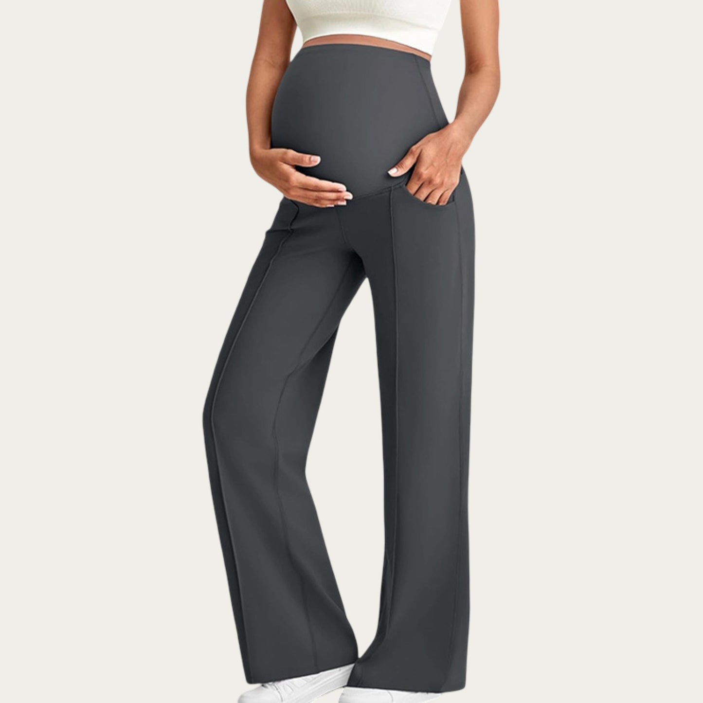 Soft Stretch Maternity Pants with Full Belly Panel and Front Seam Detailing for Smooth Support and Flattering Wide Leg Fit