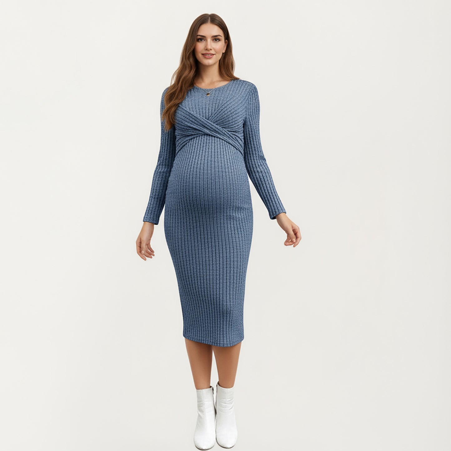 Ribbed Knit Maternity Dress with Long Sleeves and Front Twist Detail for Soft Stretch Comfort and a Smooth, Flattering Fit