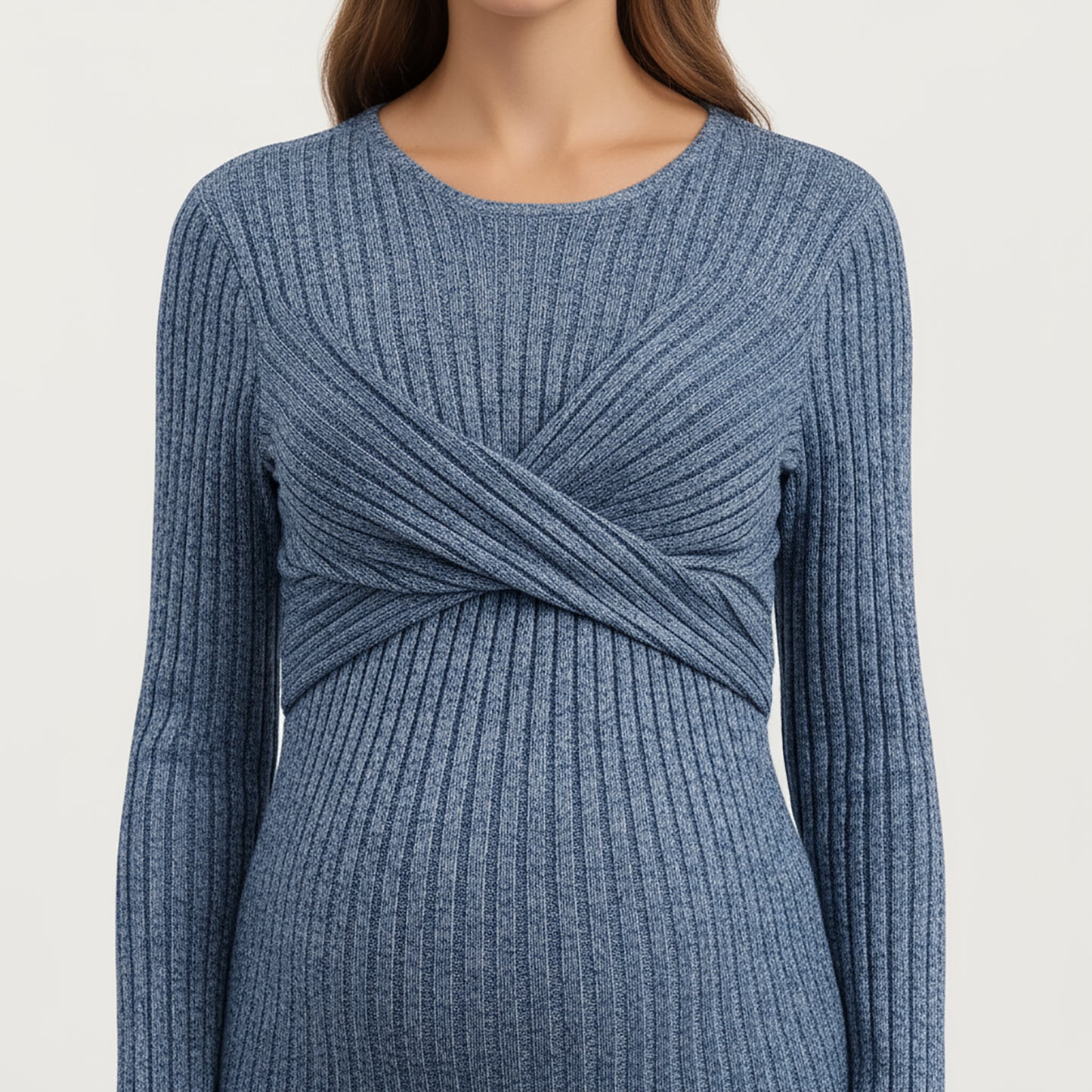 Ribbed Knit Maternity Dress with Long Sleeves and Front Twist Detail for Soft Stretch Comfort and a Smooth, Flattering Fit