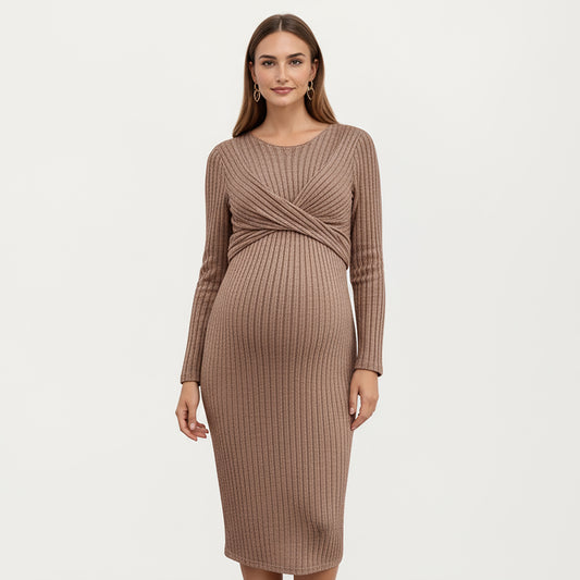 Ribbed Knit Maternity Dress with Long Sleeves and Front Twist Detail for Soft Stretch Comfort and a Smooth, Flattering Fit