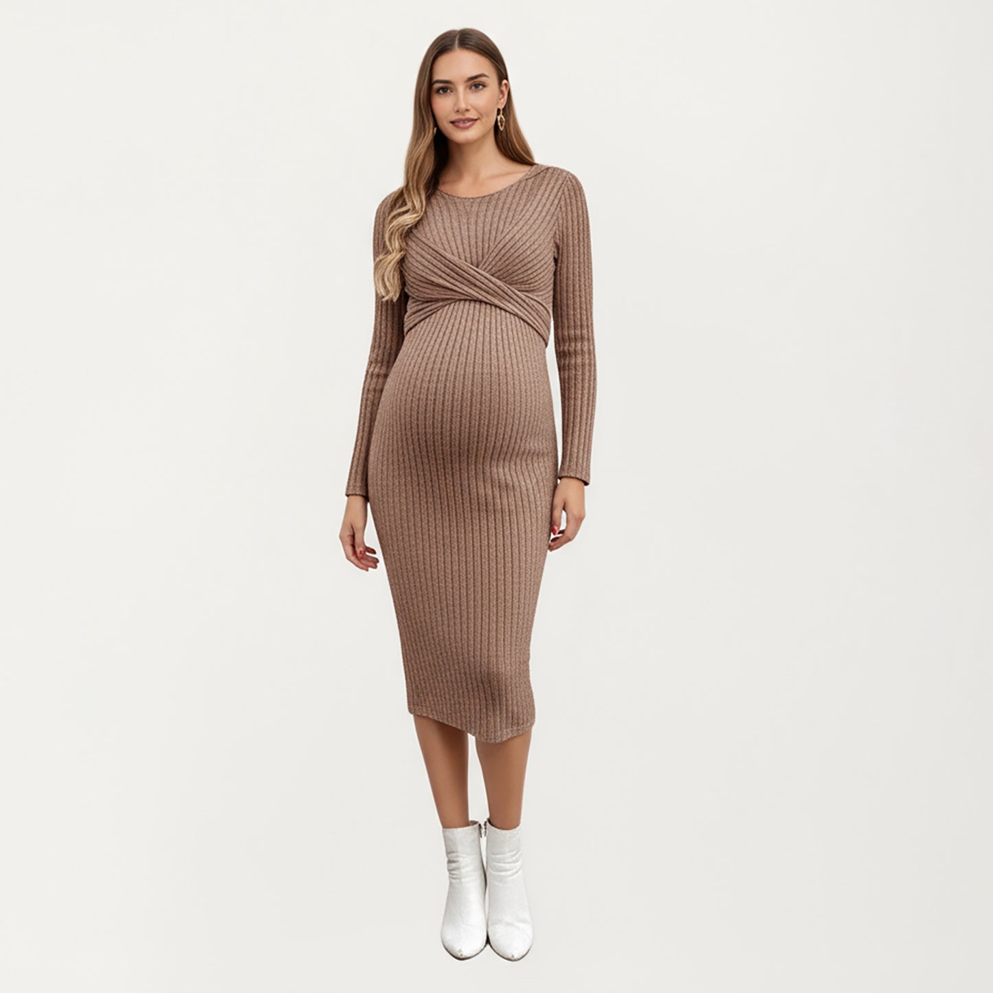 Ribbed Knit Maternity Dress with Long Sleeves and Front Twist Detail for Soft Stretch Comfort and a Smooth, Flattering Fit