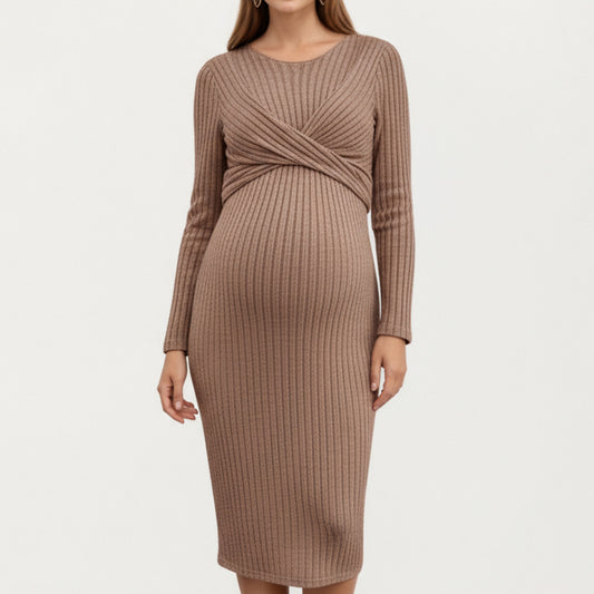 Ribbed Knit Maternity Dress with Long Sleeves and Front Twist Detail for Soft Stretch Comfort and a Smooth, Flattering Fit