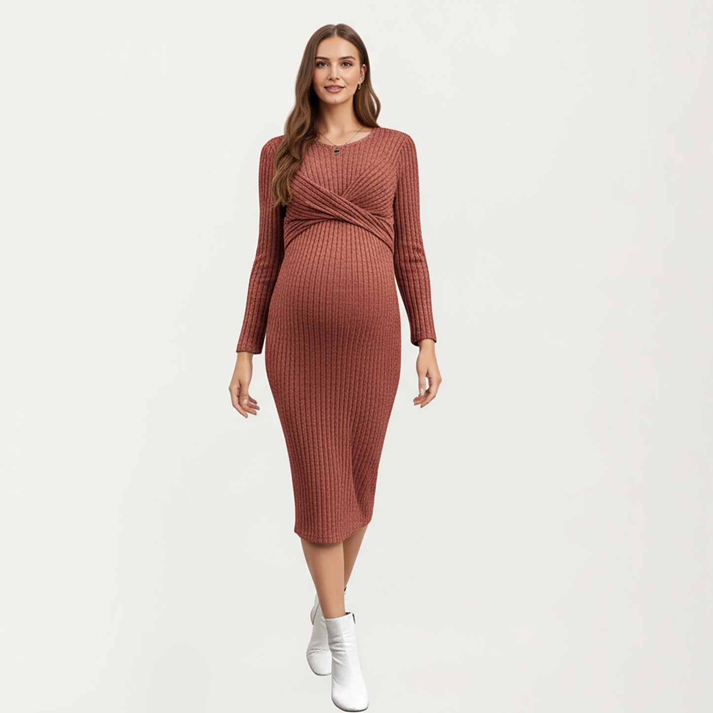 Ribbed Knit Maternity Dress with Long Sleeves and Front Twist Detail for Soft Stretch Comfort and a Smooth, Flattering Fit