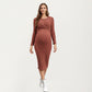 Ribbed Knit Maternity Dress with Long Sleeves and Front Twist Detail for Soft Stretch Comfort and a Smooth, Flattering Fit