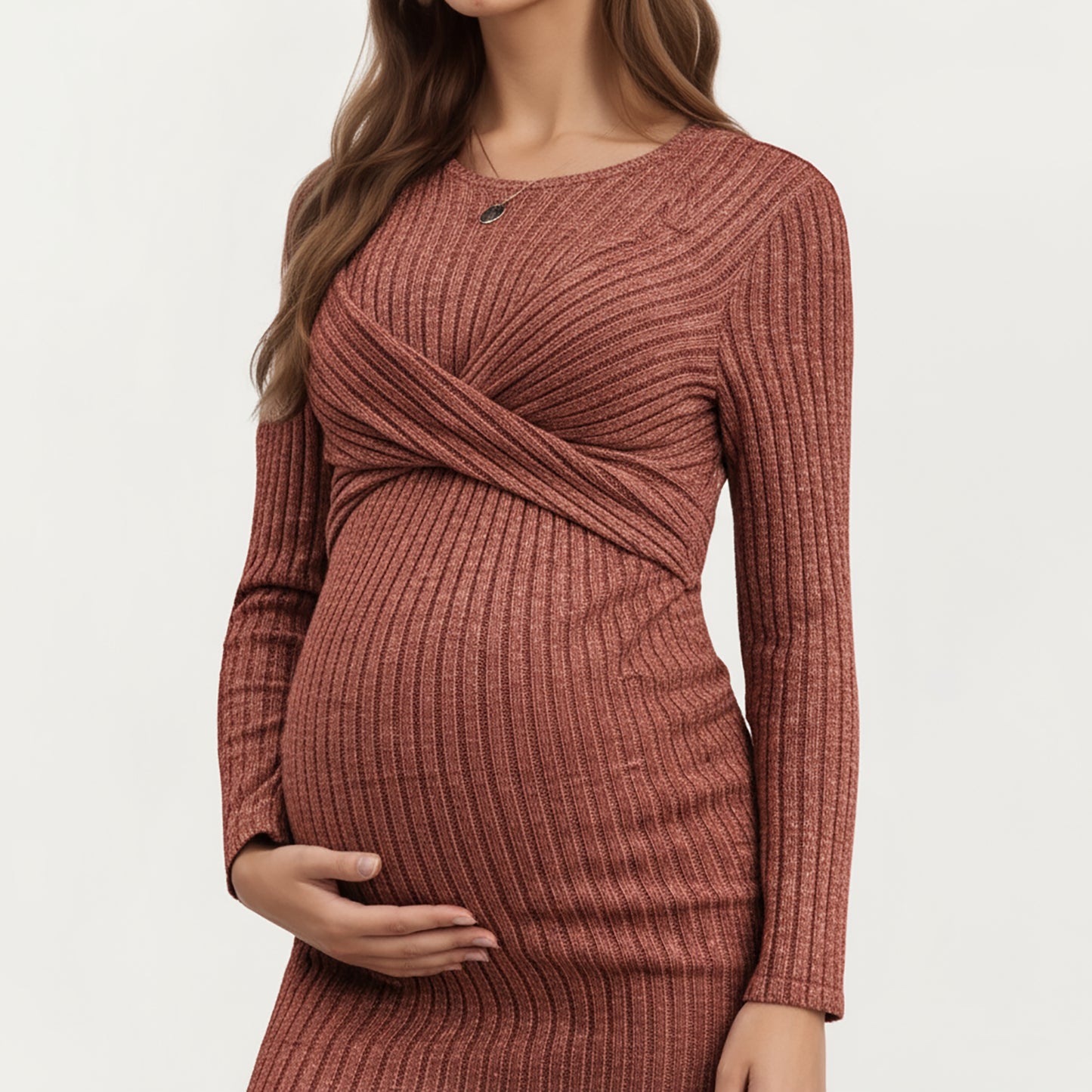 Ribbed Knit Maternity Dress with Long Sleeves and Front Twist Detail for Soft Stretch Comfort and a Smooth, Flattering Fit