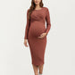 Ribbed Knit Maternity Dress with Long Sleeves and Front Twist Detail for Soft Stretch Comfort and a Smooth, Flattering Fit