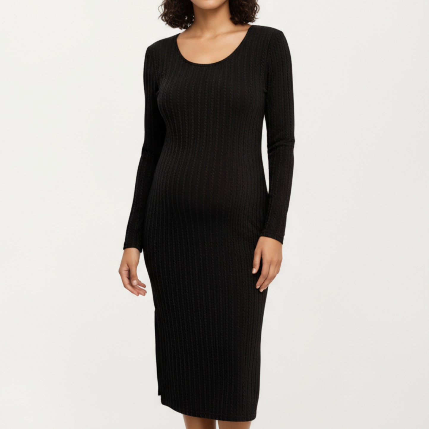 Ribbed Knit Maternity Dress with Long Sleeves, Scoop Neckline and Soft Stretch Fit Designed for a Smooth, Flattering Silhouette