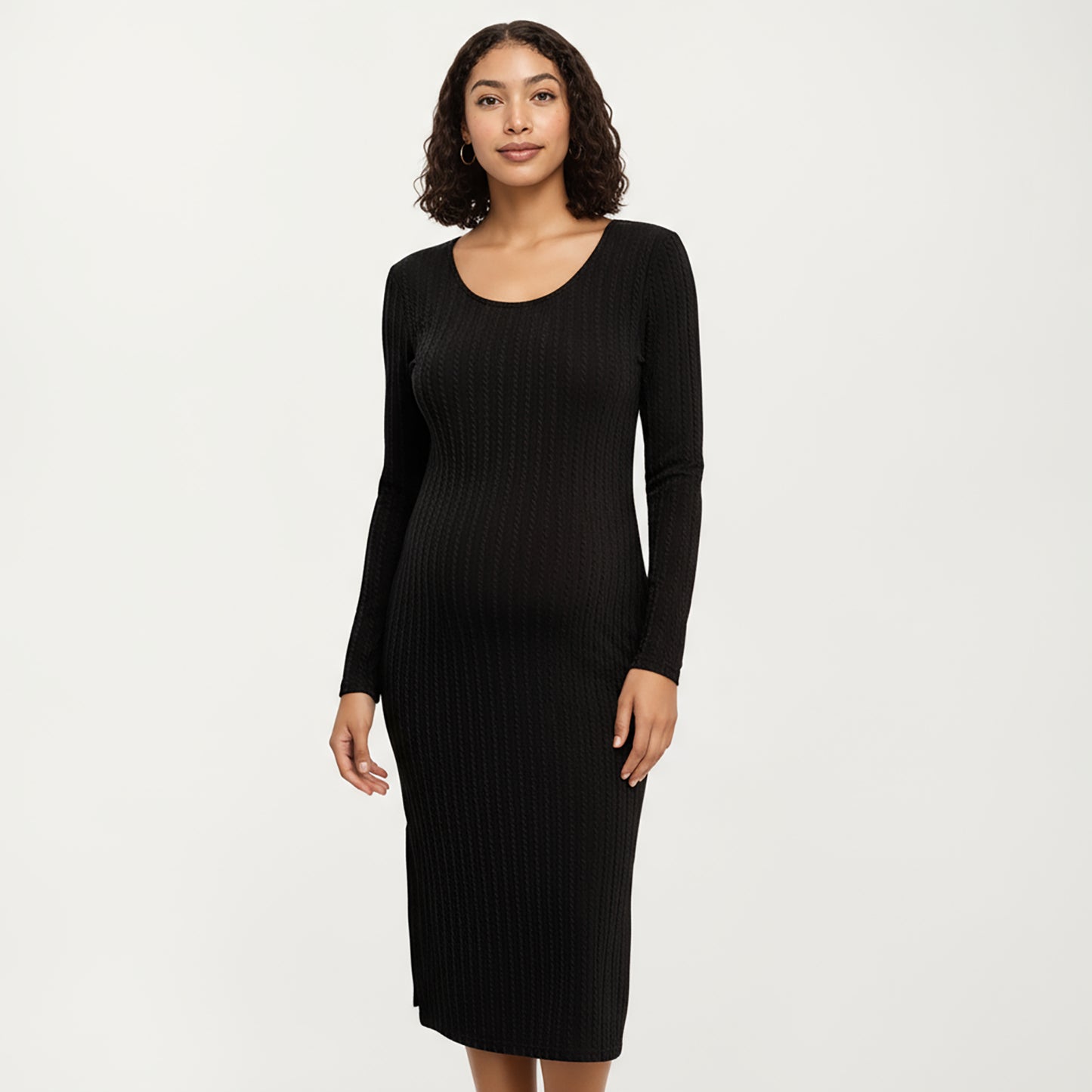 Ribbed Knit Maternity Dress with Long Sleeves, Scoop Neckline and Soft Stretch Fit Designed for a Smooth, Flattering Silhouette