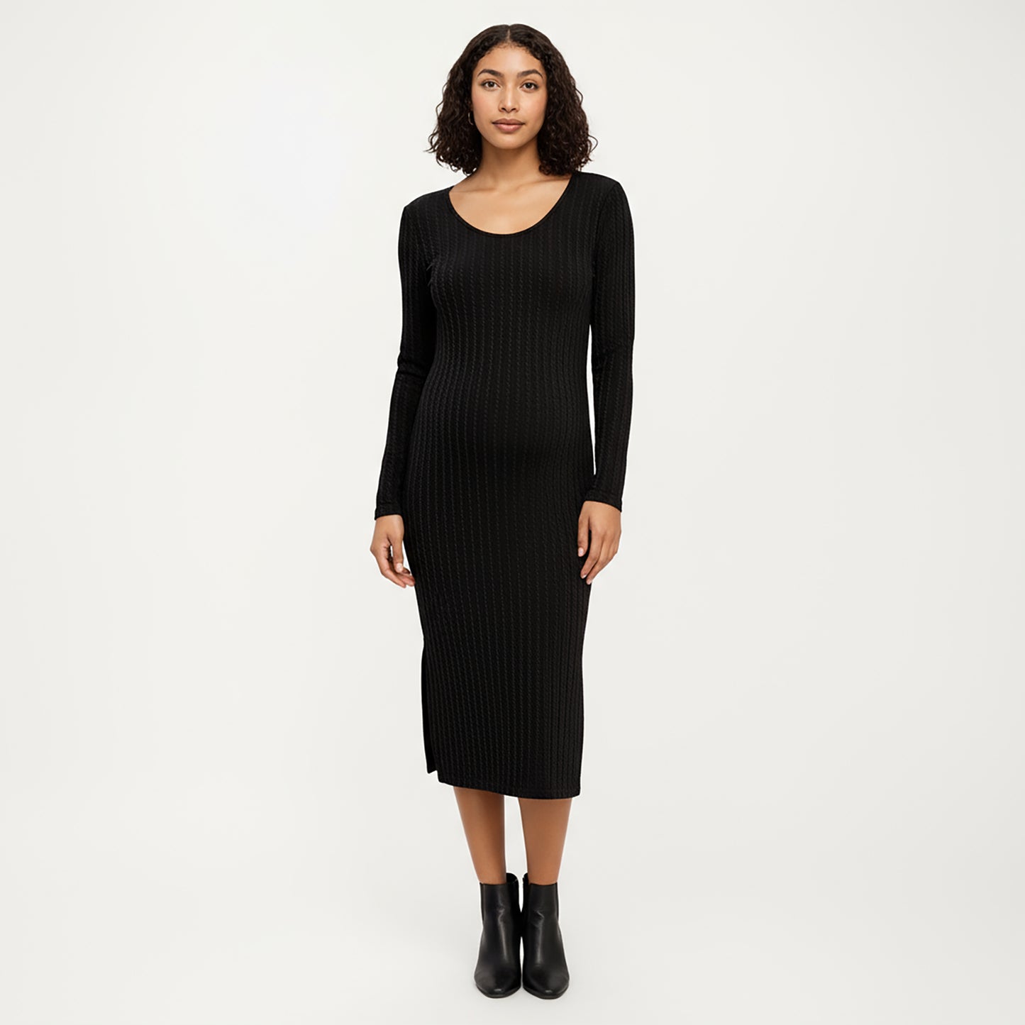 Ribbed Knit Maternity Dress with Long Sleeves, Scoop Neckline and Soft Stretch Fit Designed for a Smooth, Flattering Silhouette