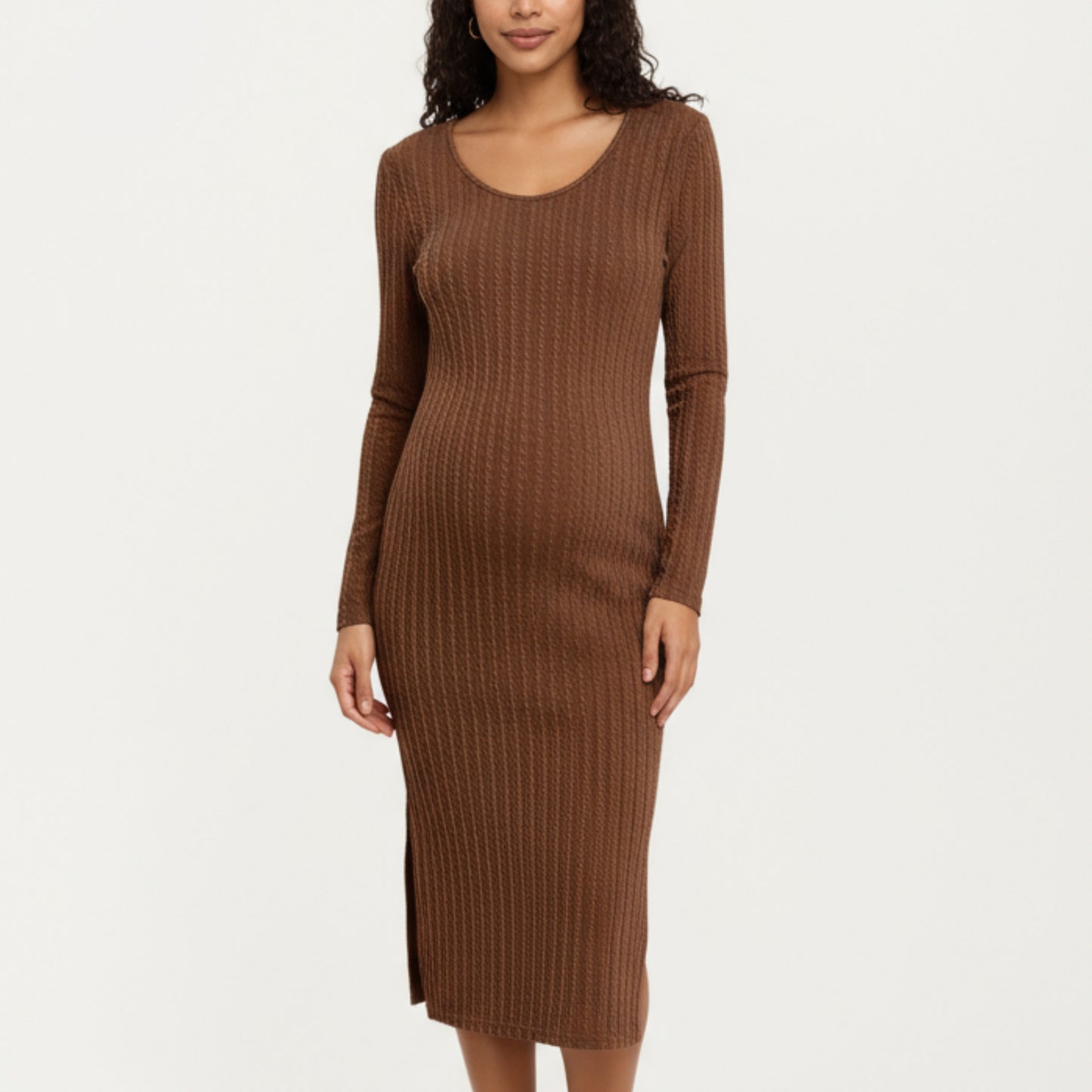 Ribbed Knit Maternity Dress with Long Sleeves, Scoop Neckline and Soft Stretch Fit Designed for a Smooth, Flattering Silhouette
