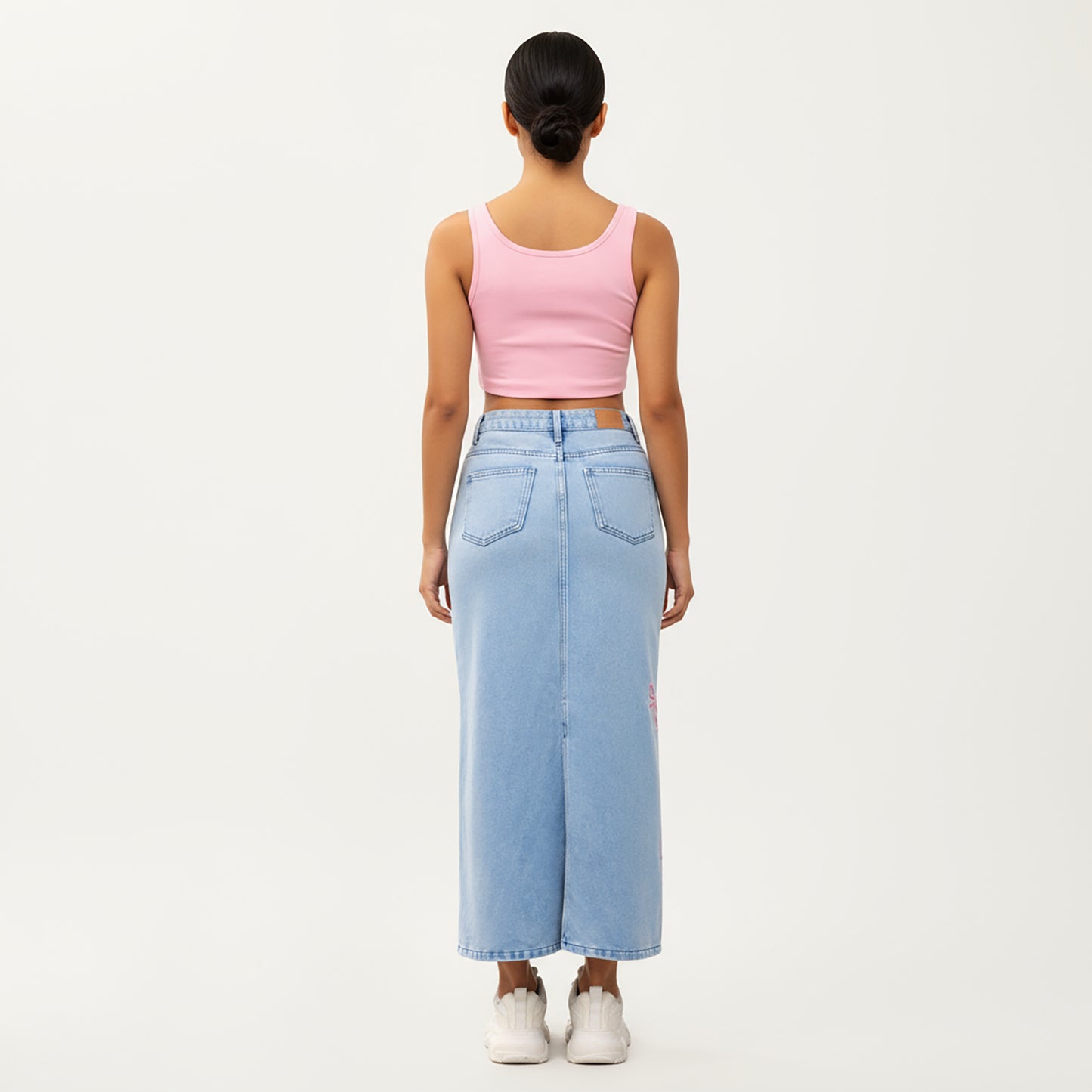 High Waist Denim Maxi Skirt with Embroidered Bow Details and Clean Straight Silhouette Featuring a Structured Waist and Smooth Finish