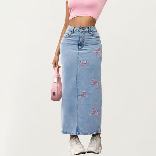 High Waist Denim Maxi Skirt with Embroidered Bow Details and Clean Straight Silhouette Featuring a Structured Waist and Smooth Finish