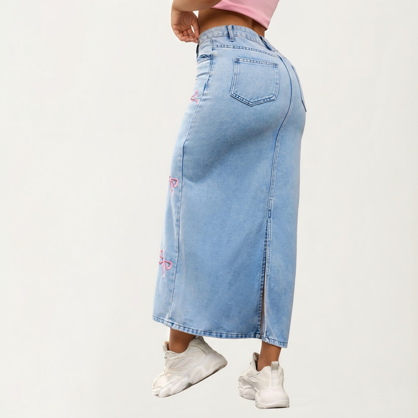 High Waist Denim Maxi Skirt with Embroidered Bow Details and Clean Straight Silhouette Featuring a Structured Waist and Smooth Finish