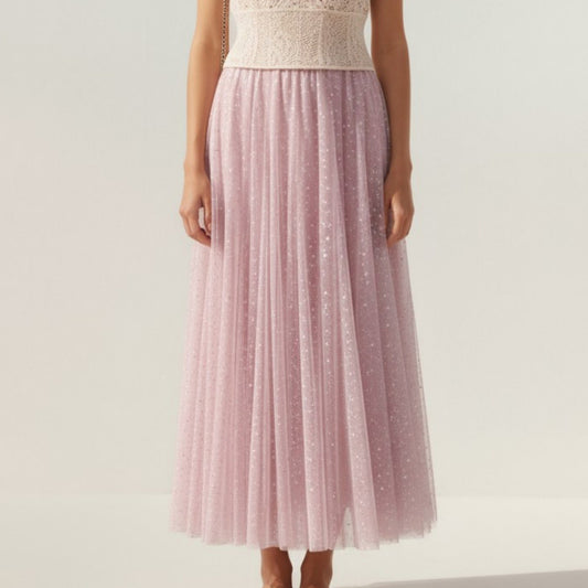 Sparkle Tulle Midi Skirt with Soft Flowing Mesh Layers Comfortable Elastic Waist and Textured Shimmering Detail