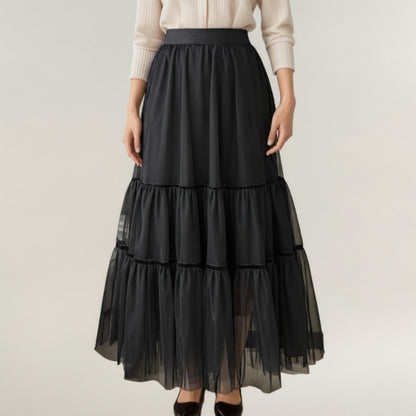 Tiered Mesh Maxi Skirt with Layered Sheer Panels and Flowing A-Line Silhouette