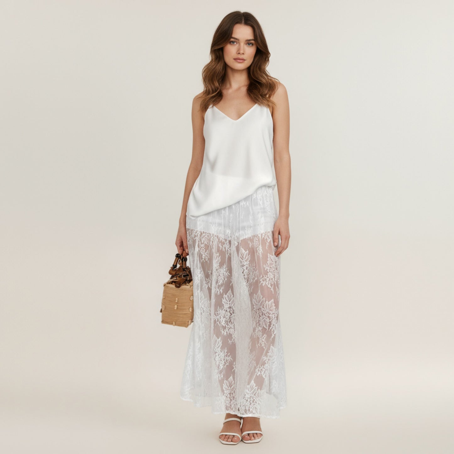 Floral Lace Midi Skirt with Sheer Embroidered Detail Soft Flowing Drape and Comfortable Waistband for Elegant Movement