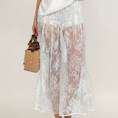 Floral Lace Midi Skirt with Sheer Embroidered Detail Soft Flowing Drape and Comfortable Waistband for Elegant Movement