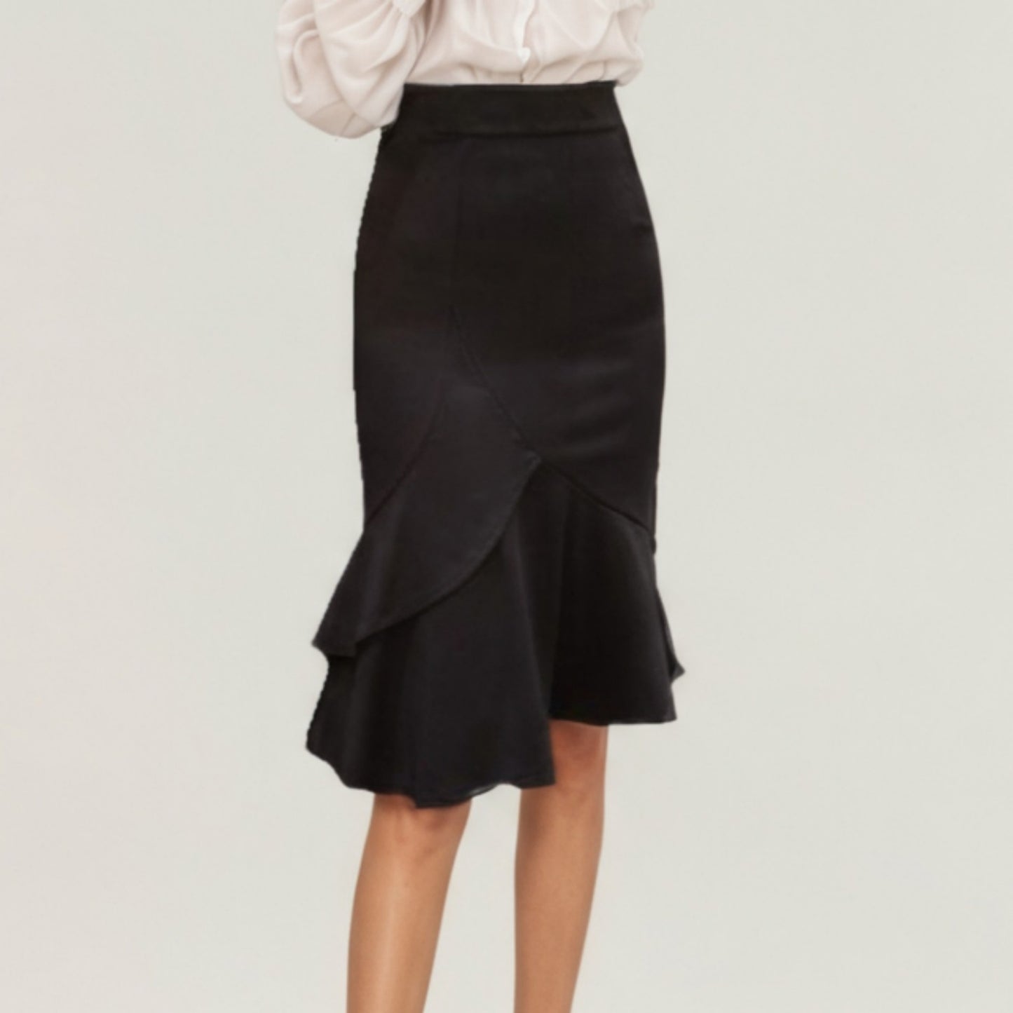 High Waist Midi Skirt with Soft Flowing Fabric, Curved Overlay Paneling and Flared Ruffle Hem for a Smooth, Elegant Silhouette