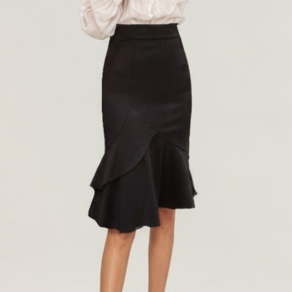 High Waist Midi Skirt with Soft Flowing Fabric, Curved Overlay Paneling and Flared Ruffle Hem for a Smooth, Elegant Silhouette