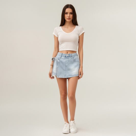Denim Mini Skirt with Front Seam Detailing, Adjustable Side Tie Accent and Structured Fabric for a Smooth, Flattering Shape