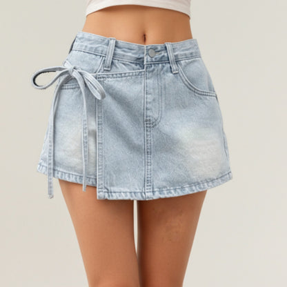 Denim Mini Skirt with Front Seam Detailing, Adjustable Side Tie Accent and Structured Fabric for a Smooth, Flattering Shape