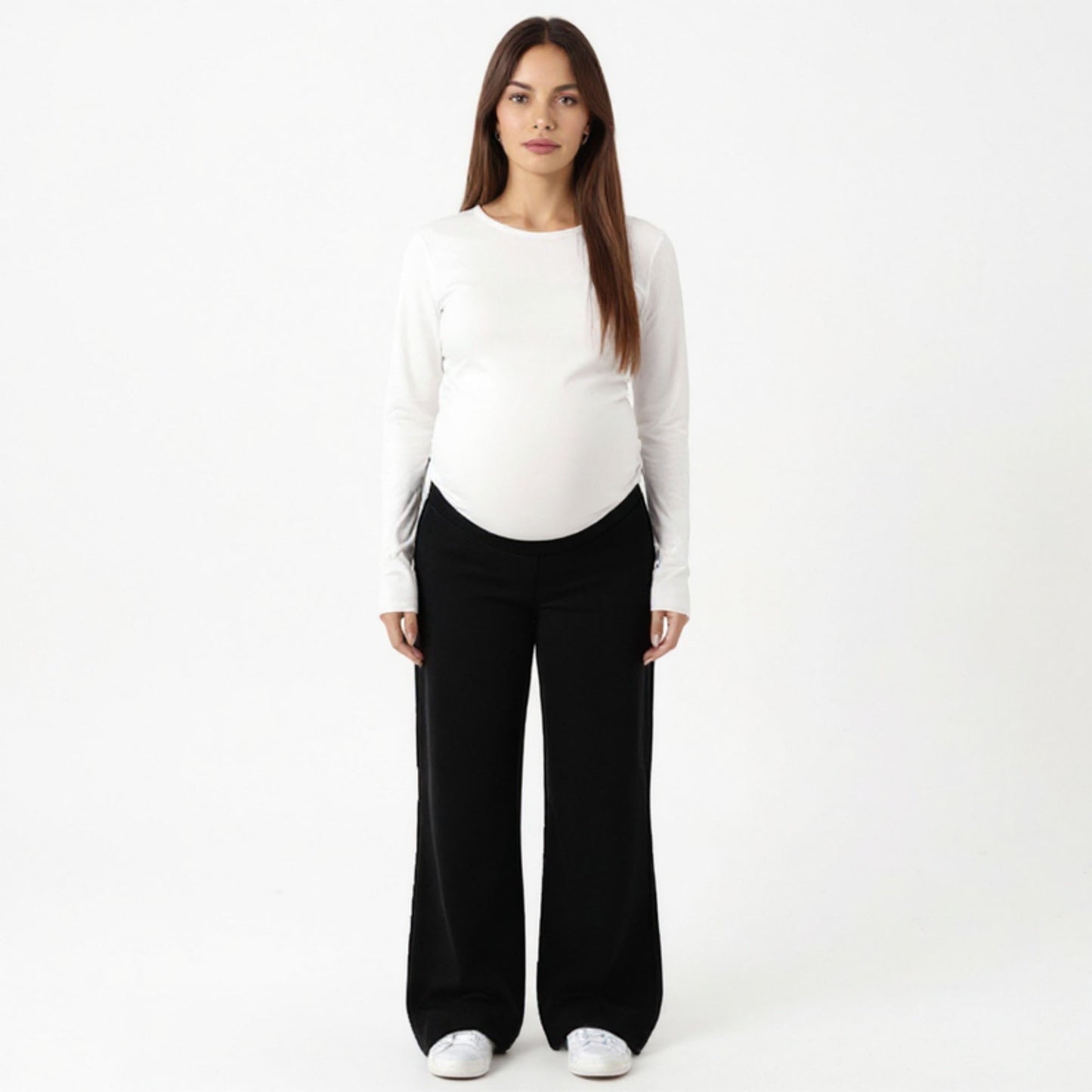 Maternity High Waist Flare Pants with Soft Stretch Fabric and Full Bump Panel for Supportive Comfortable Everyday Wear