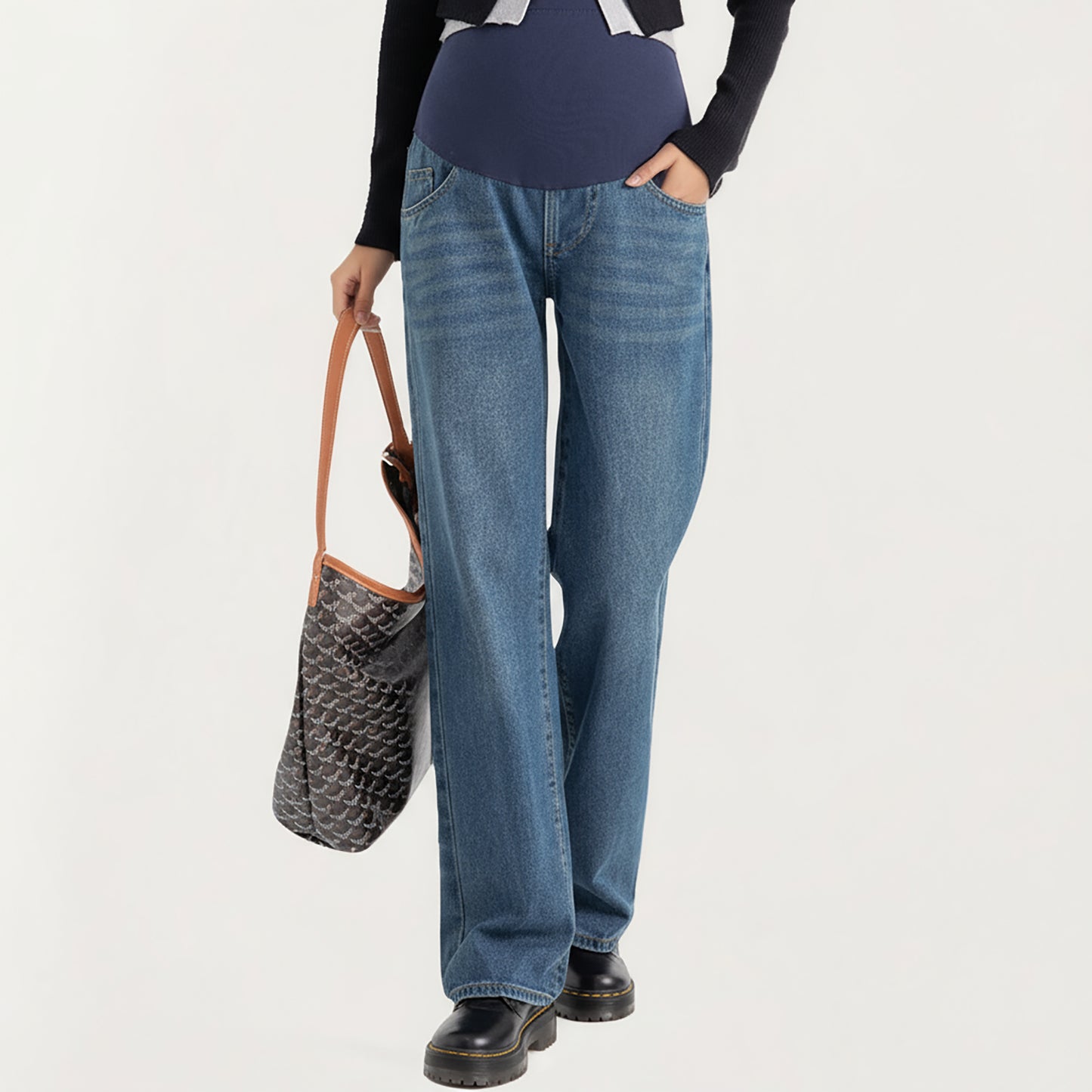 Maternity Full Panel Wide Leg Jeans with Supportive Stretch Waistband and Relaxed Straight Silhouette Featuring Classic Seam Details