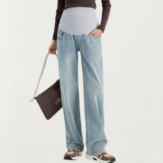 Maternity Full Panel Wide Leg Jeans with Supportive Stretch Waistband and Relaxed Straight Silhouette Featuring Classic Seam Details