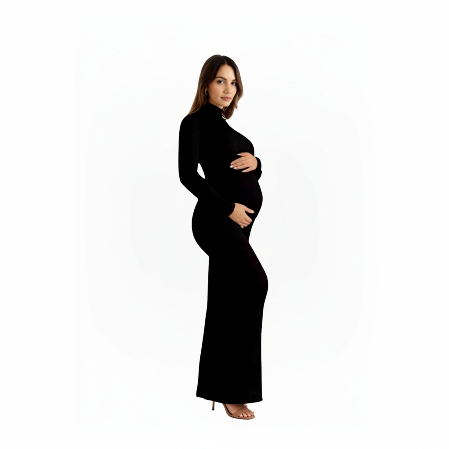 Long Sleeve Maternity Maxi Dress with Sleek Fitted Silhouette Soft Stretch Fabric and Elegant Turtleneck Design