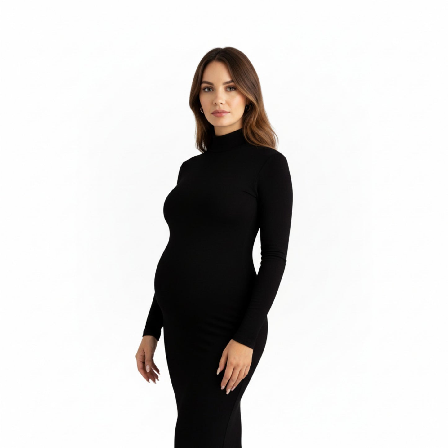 Long Sleeve Maternity Maxi Dress with Sleek Fitted Silhouette Soft Stretch Fabric and Elegant Turtleneck Design