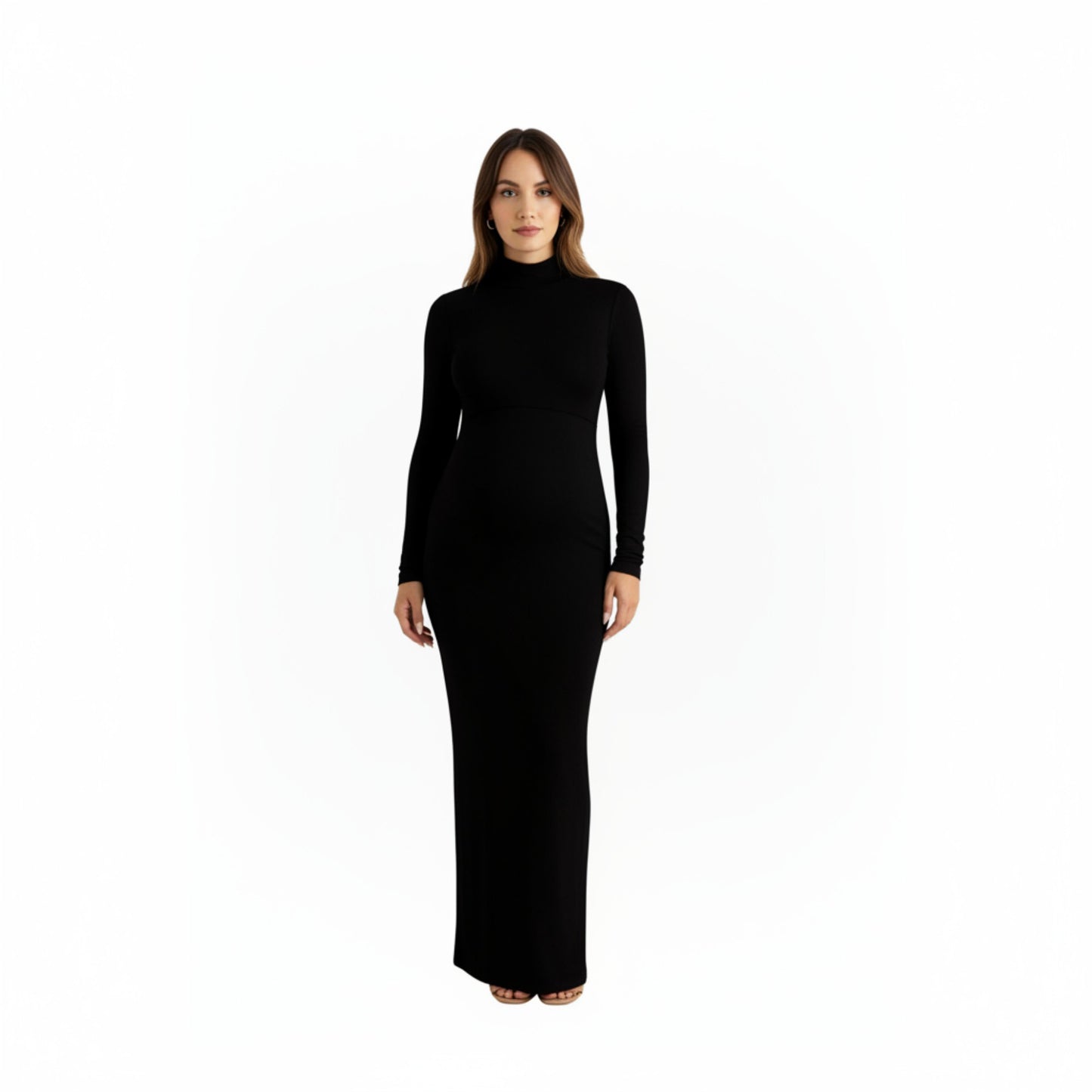 Long Sleeve Maternity Maxi Dress with Sleek Fitted Silhouette Soft Stretch Fabric and Elegant Turtleneck Design