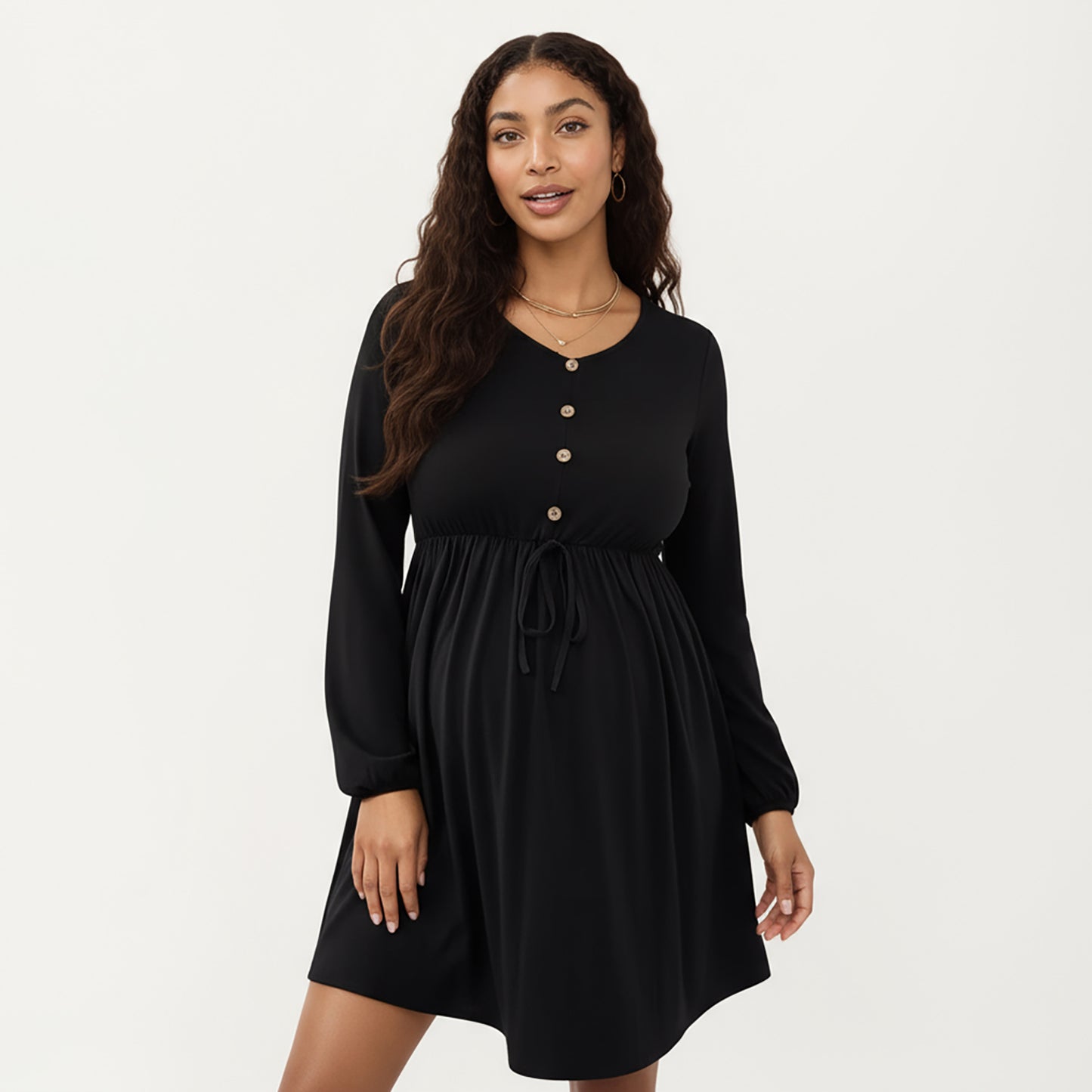 Maternity Dress with Long Sleeves Soft Stretch Fabric Button Front Accents and Adjustable Drawstring Empire Waist Silhouette
