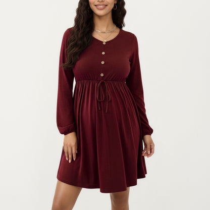 Maternity Dress with Long Sleeves Soft Stretch Fabric Button Front Accents and Adjustable Drawstring Empire Waist Silhouette