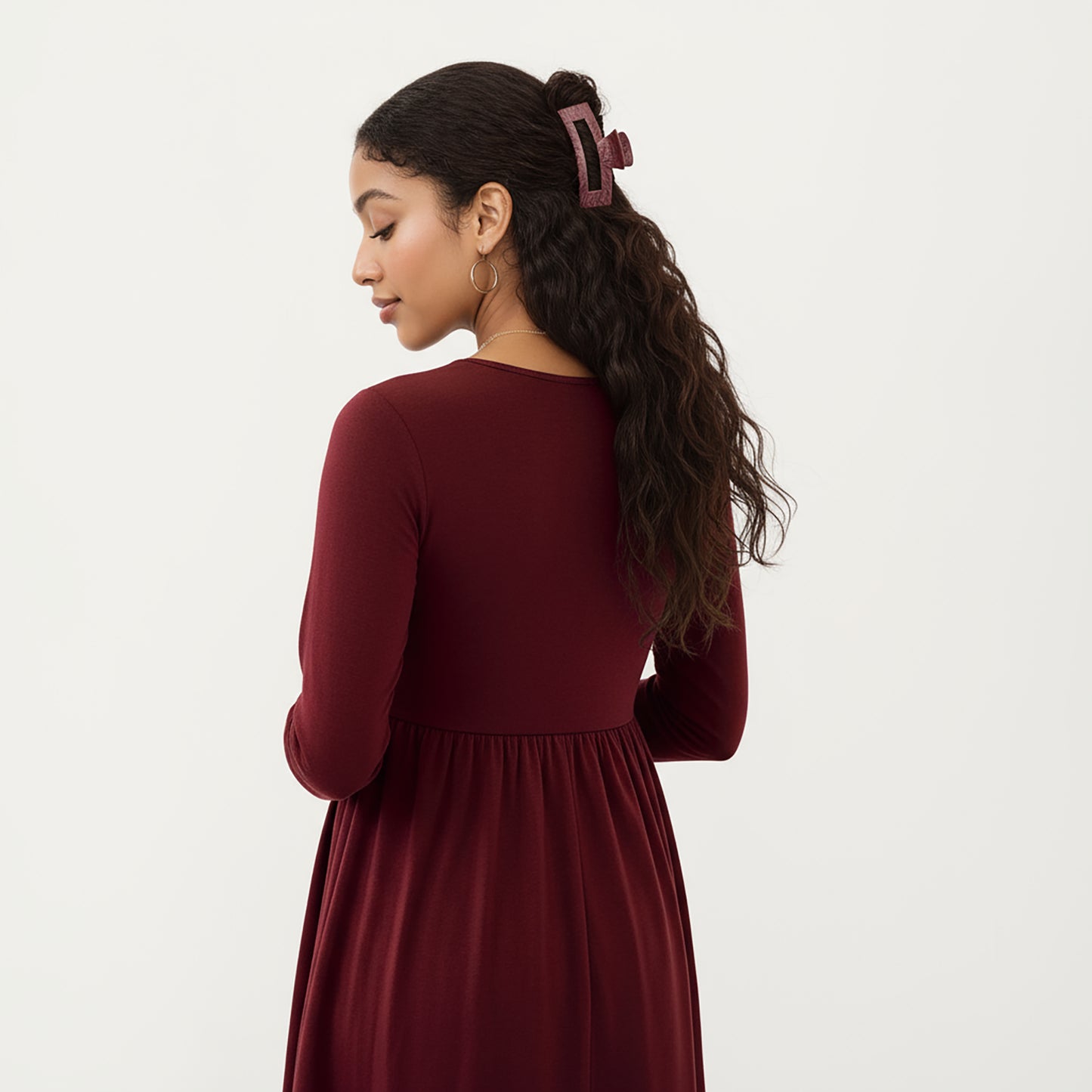 Maternity Dress with Long Sleeves Soft Stretch Fabric Button Front Accents and Adjustable Drawstring Empire Waist Silhouette