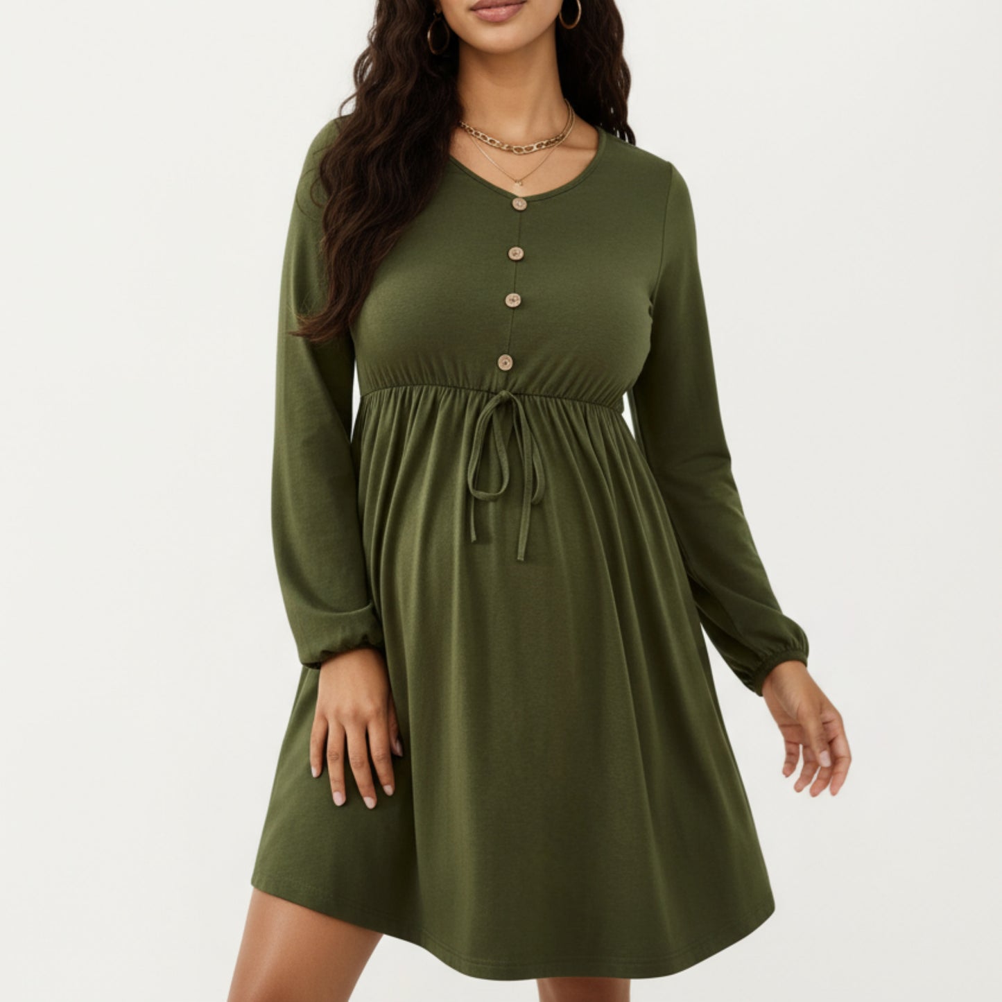 Maternity Dress with Long Sleeves Soft Stretch Fabric Button Front Accents and Adjustable Drawstring Empire Waist Silhouette
