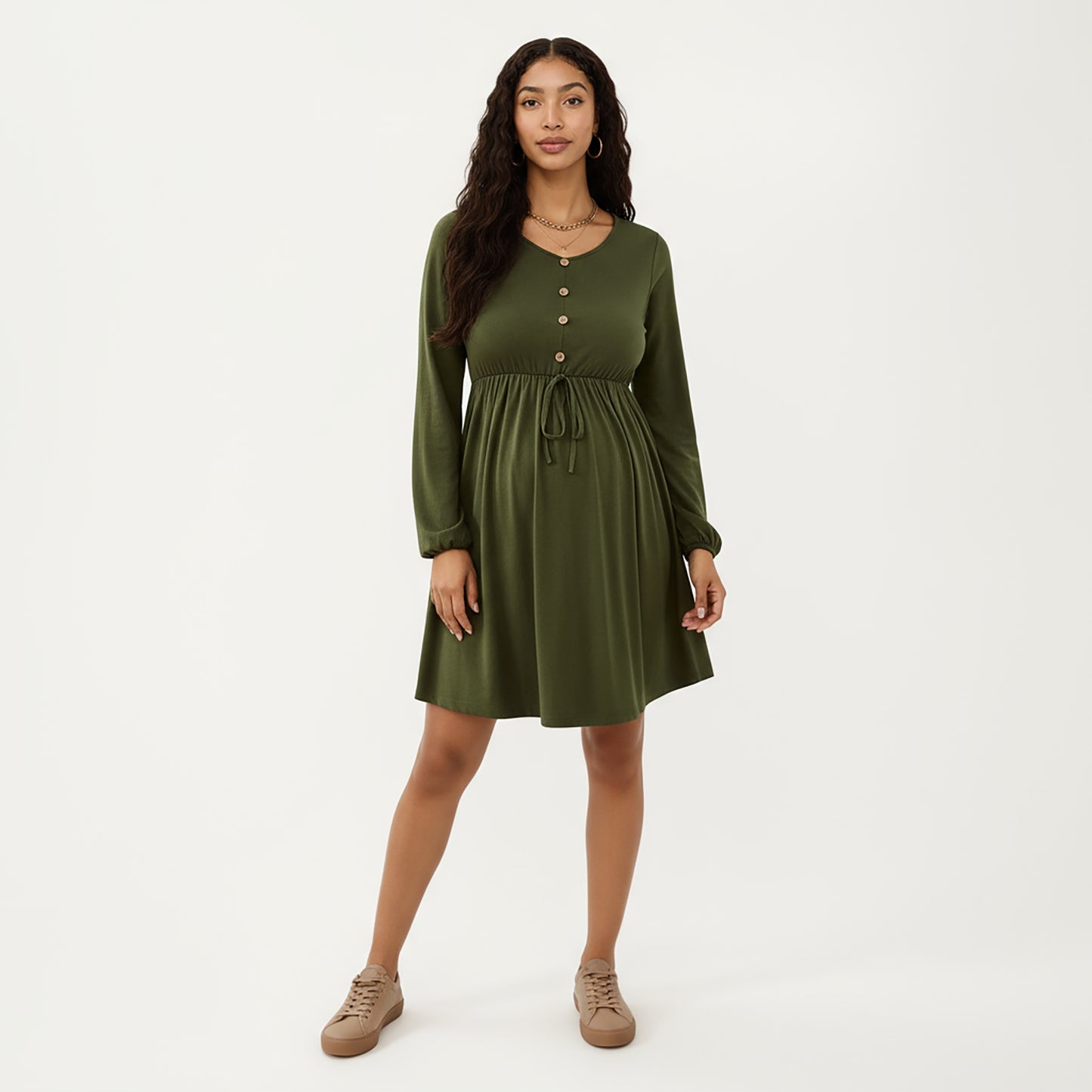 Maternity Dress with Long Sleeves Soft Stretch Fabric Button Front Accents and Adjustable Drawstring Empire Waist Silhouette