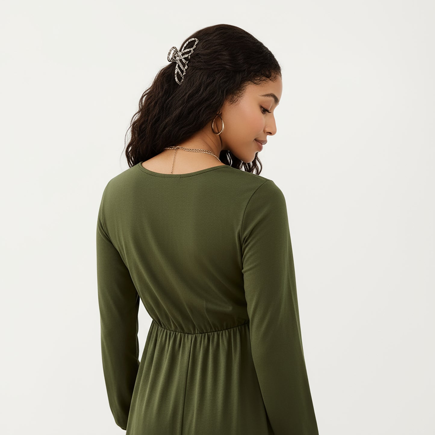 Maternity Dress with Long Sleeves Soft Stretch Fabric Button Front Accents and Adjustable Drawstring Empire Waist Silhouette