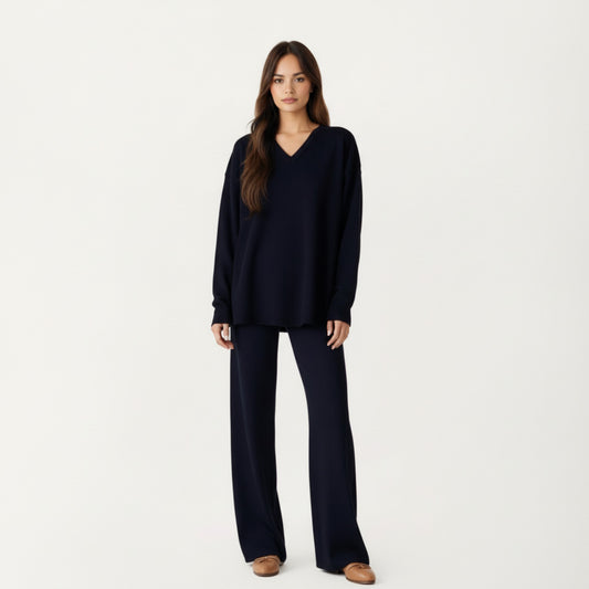 Maternity Relaxed Fit Long Sleeve V-Neck Top and Soft Wide-Leg Lounge Pants Set with Easy Stretch Fabric