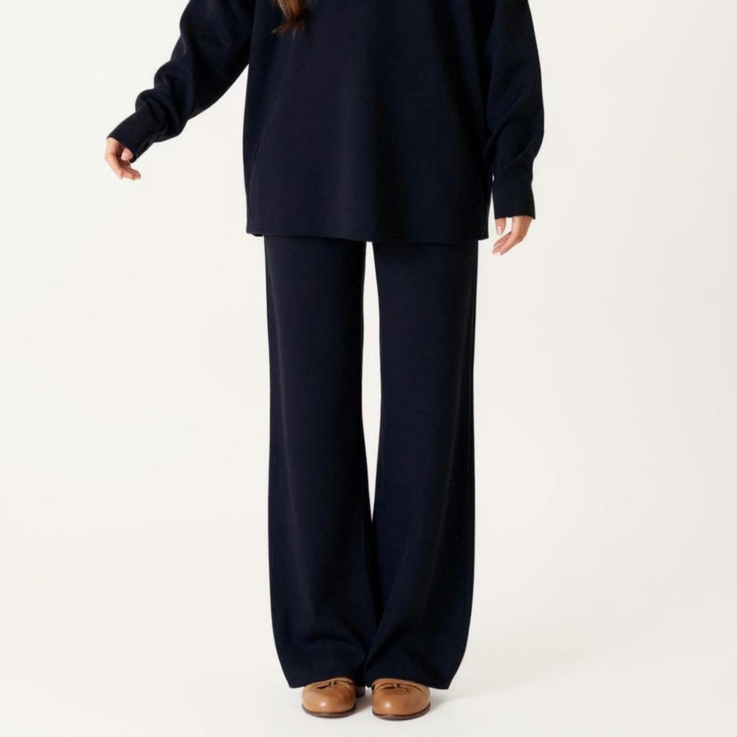 Maternity Relaxed Fit Long Sleeve V-Neck Top and Soft Wide-Leg Lounge Pants Set with Easy Stretch Fabric