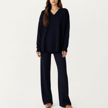 Maternity Relaxed Fit Long Sleeve V-Neck Top and Soft Wide-Leg Lounge Pants Set with Easy Stretch Fabric