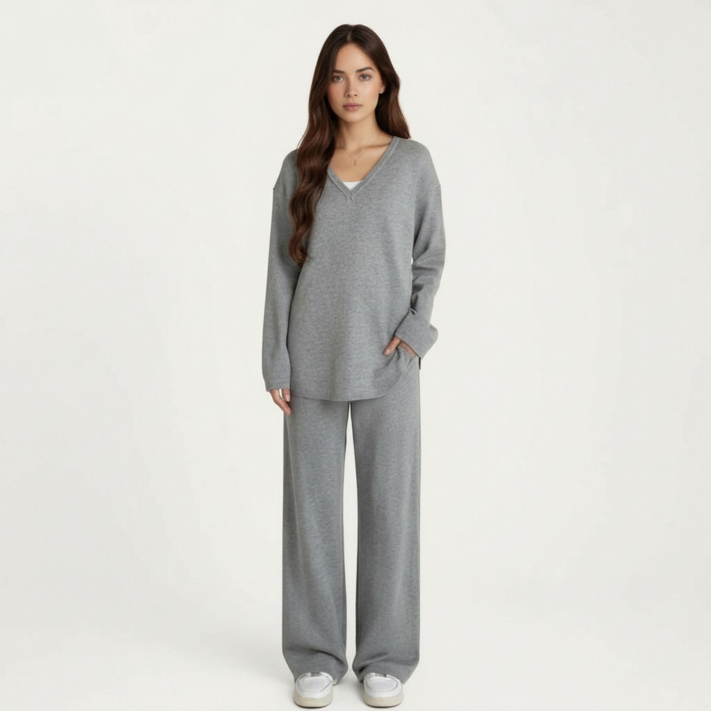 Maternity Relaxed Fit Long Sleeve V-Neck Top and Soft Wide-Leg Lounge Pants Set with Easy Stretch Fabric