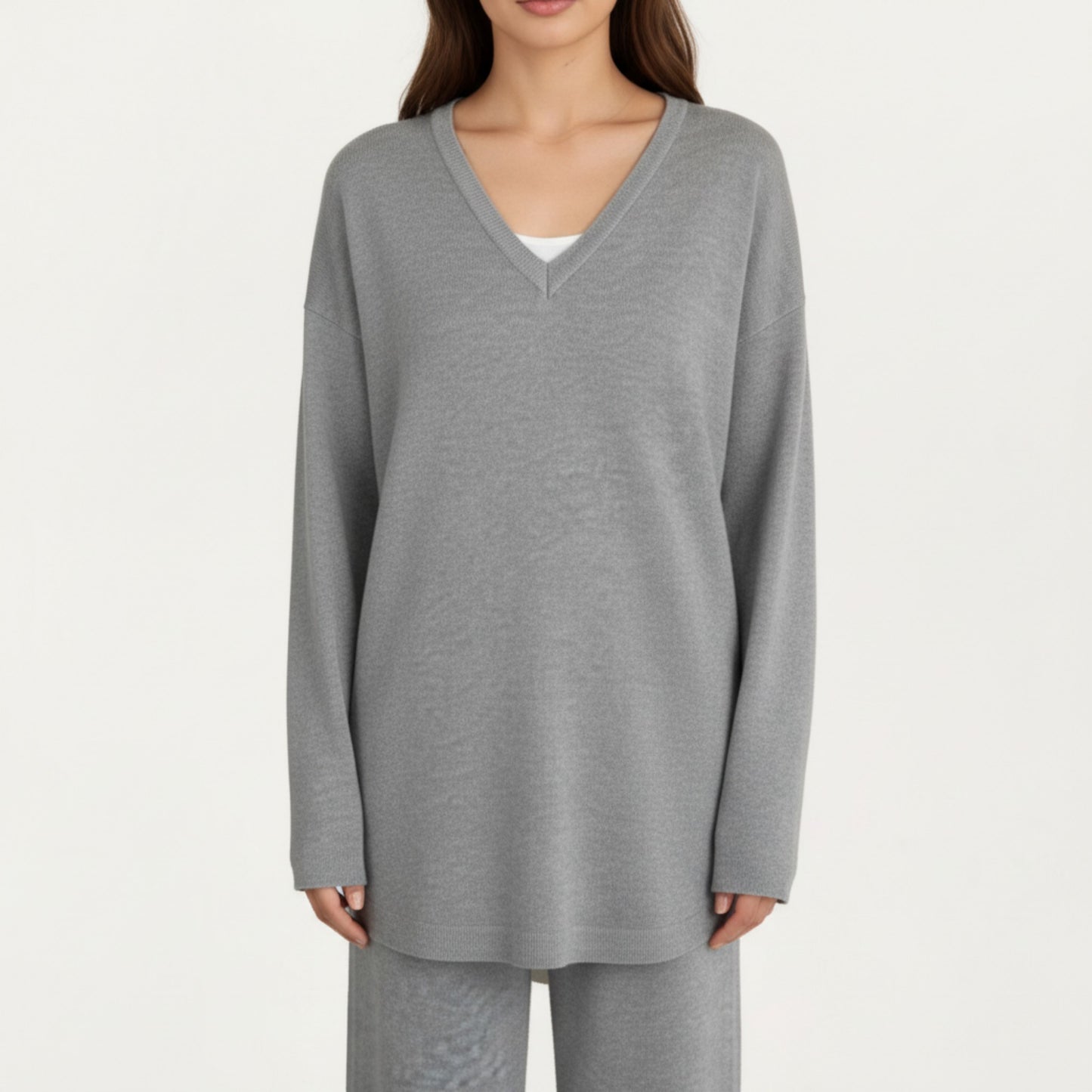 Maternity Relaxed Fit Long Sleeve V-Neck Top and Soft Wide-Leg Lounge Pants Set with Easy Stretch Fabric