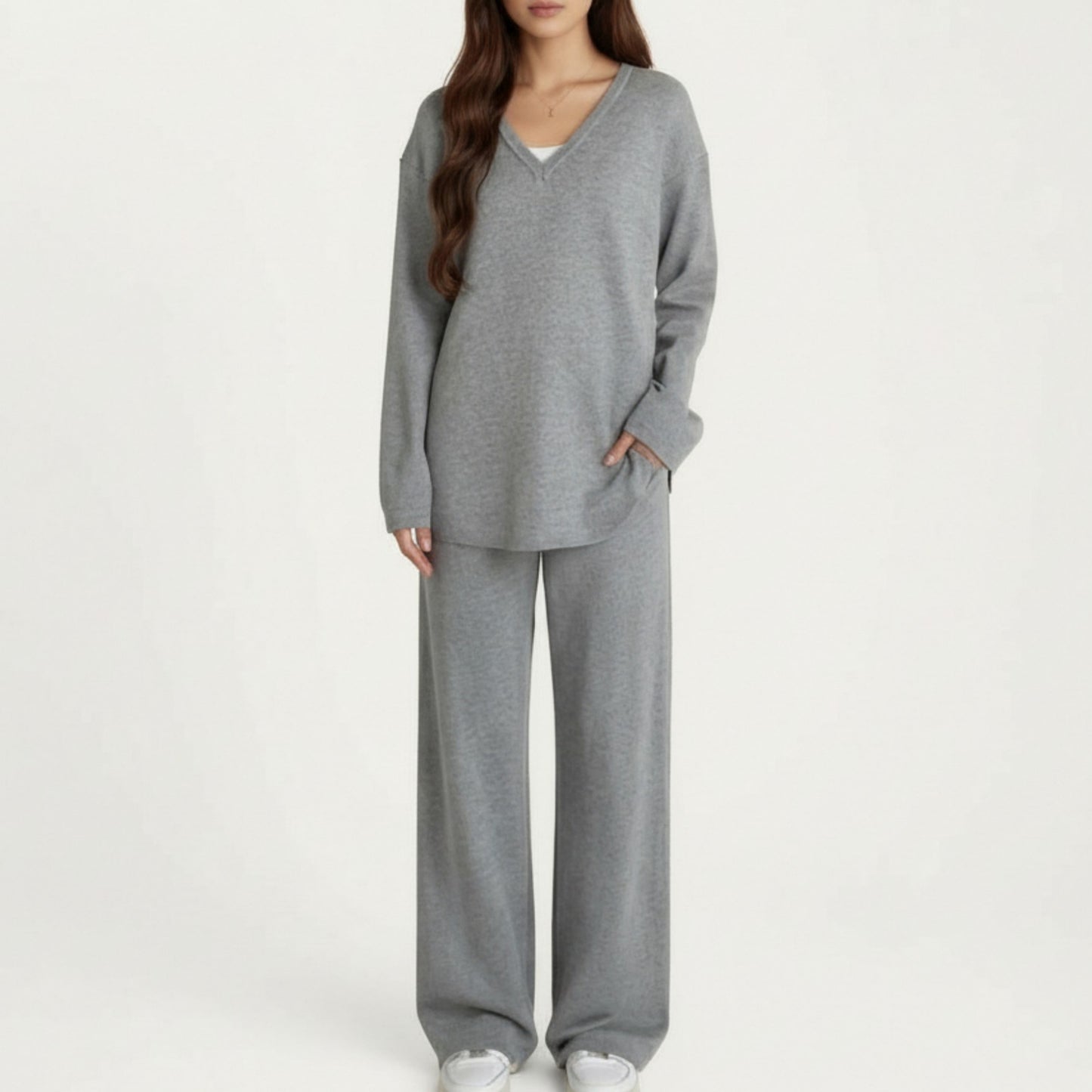 Maternity Relaxed Fit Long Sleeve V-Neck Top and Soft Wide-Leg Lounge Pants Set with Easy Stretch Fabric