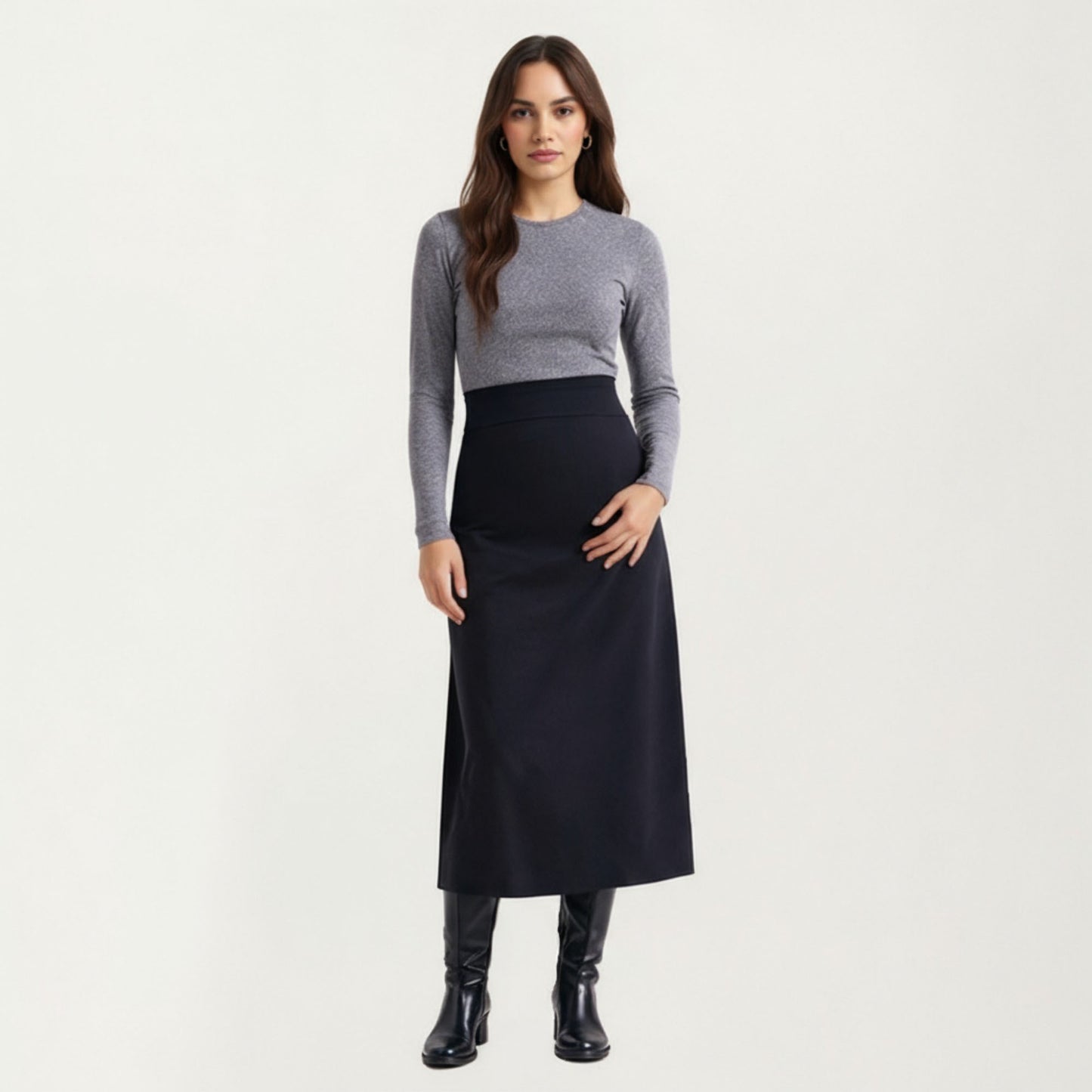 Maternity High Waist Stretch Knit Midi Skirt with Seamless Support Panel and Smooth Flattering Soft Draped Silhouette