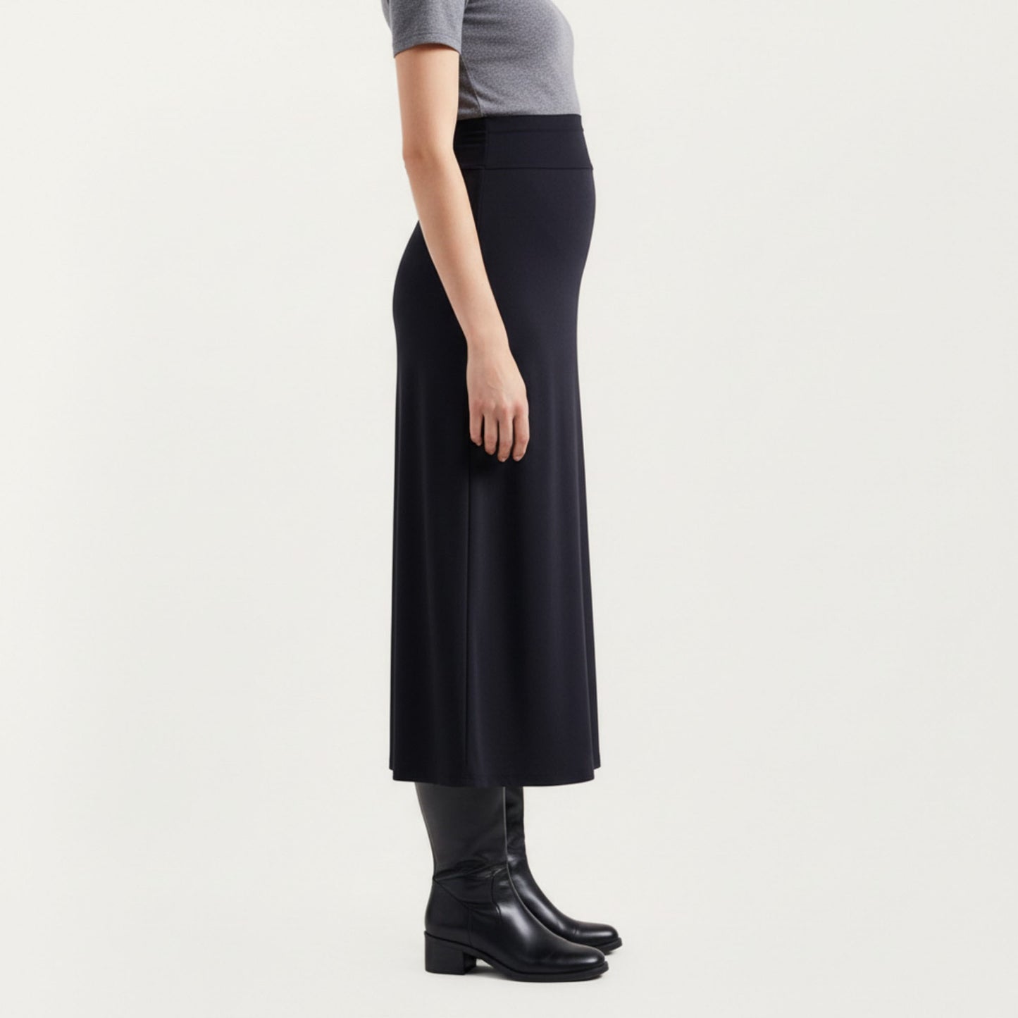 Maternity High Waist Stretch Knit Midi Skirt with Seamless Support Panel and Smooth Flattering Soft Draped Silhouette